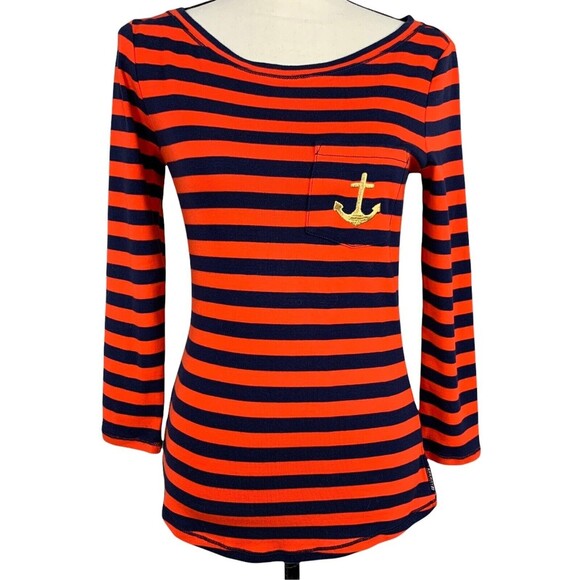 Sperry Top-Sider Knit Top Women Small Orange and Navy Stripe Nautical - Picture 1 of 12